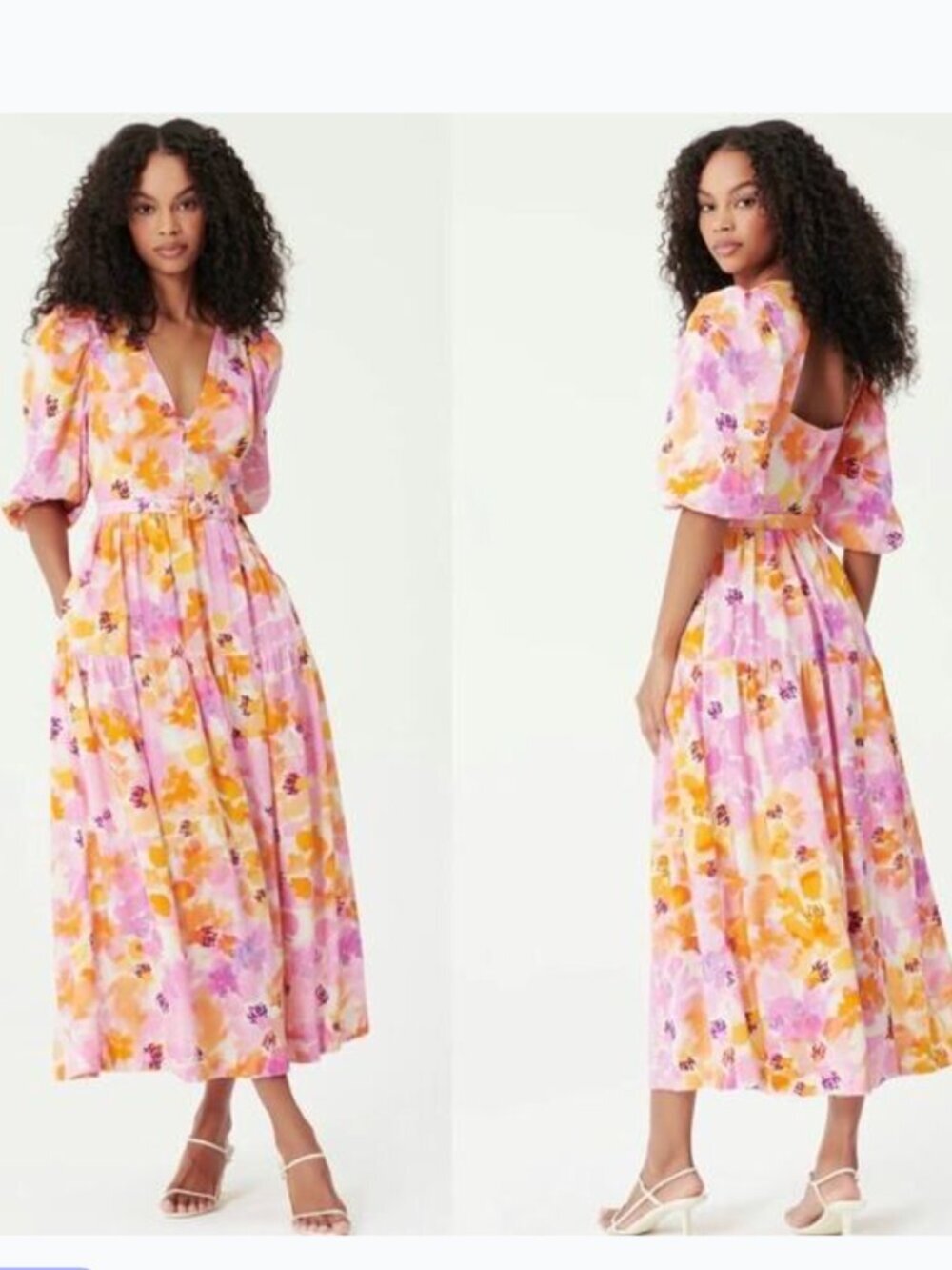 NICHOLAS Celie Floral Linen Blend Midi Dress Pink Orange Belted Size 8 - Picture 2 of 12